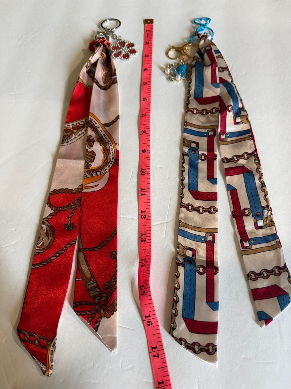 Silk-Effect Red and Beige Scarf Key Charms - Women Accessories